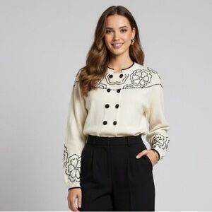 Storybook Knits Womens Ivory Cardigan Sweater Black‎ Beads Cream Sweater
